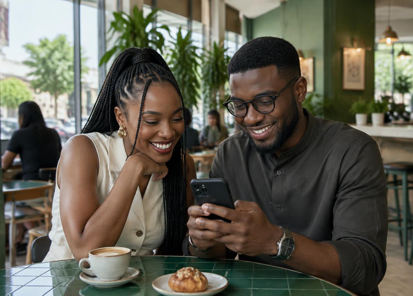 Friends exploring an app together at a cafe